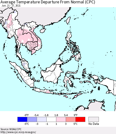 South East Asia Average Temperature Departure from Normal (CPC) Thematic Map For 6/21/2021 - 6/27/2021