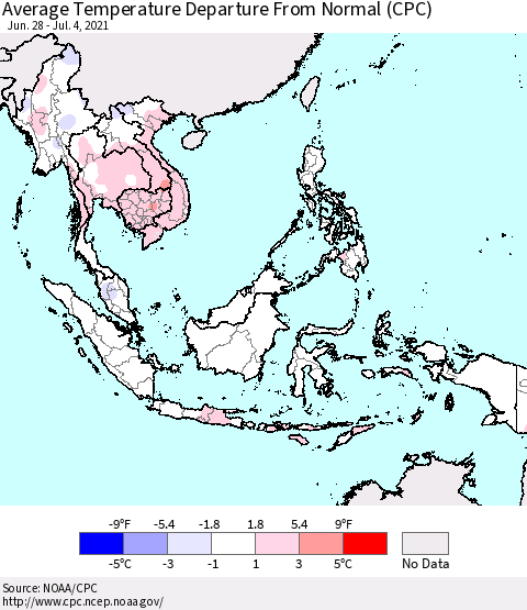 South East Asia Average Temperature Departure from Normal (CPC) Thematic Map For 6/28/2021 - 7/4/2021
