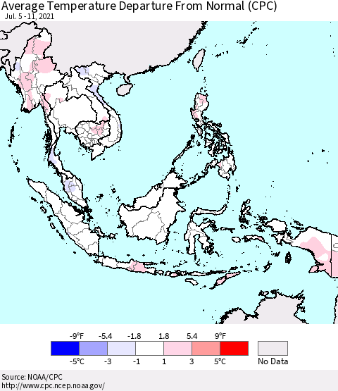 South East Asia Average Temperature Departure from Normal (CPC) Thematic Map For 7/5/2021 - 7/11/2021