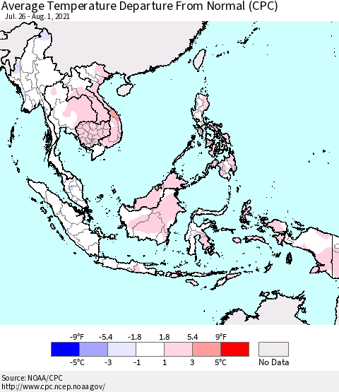 South East Asia Average Temperature Departure from Normal (CPC) Thematic Map For 7/26/2021 - 8/1/2021
