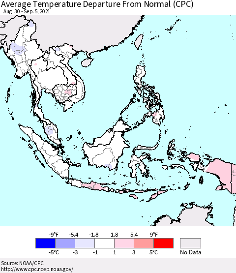 South East Asia Average Temperature Departure from Normal (CPC) Thematic Map For 8/30/2021 - 9/5/2021