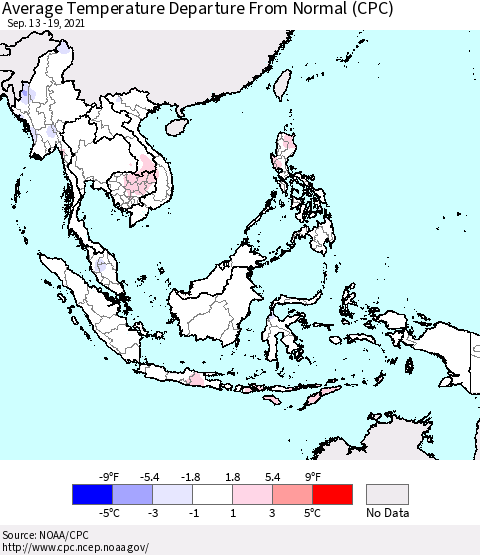 South East Asia Average Temperature Departure from Normal (CPC) Thematic Map For 9/13/2021 - 9/19/2021