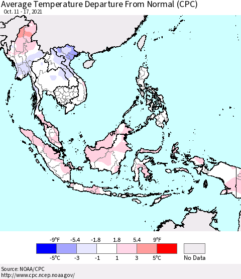 South East Asia Average Temperature Departure from Normal (CPC) Thematic Map For 10/11/2021 - 10/17/2021