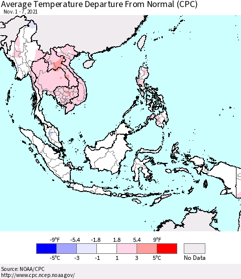 South East Asia Average Temperature Departure from Normal (CPC) Thematic Map For 11/1/2021 - 11/7/2021