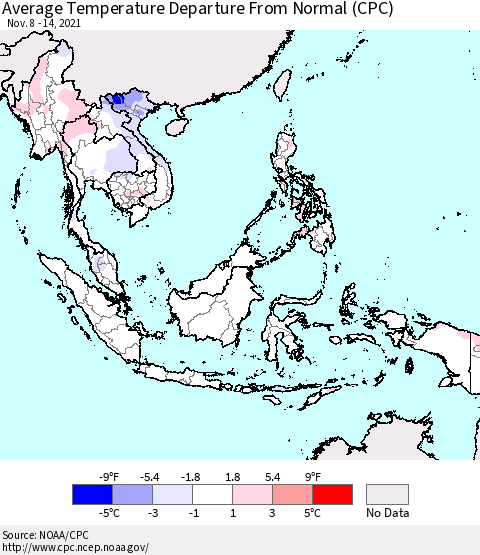 South East Asia Average Temperature Departure from Normal (CPC) Thematic Map For 11/8/2021 - 11/14/2021