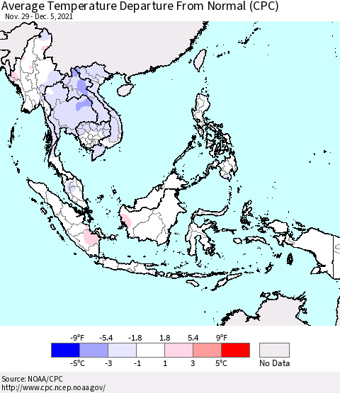 South East Asia Average Temperature Departure from Normal (CPC) Thematic Map For 11/29/2021 - 12/5/2021