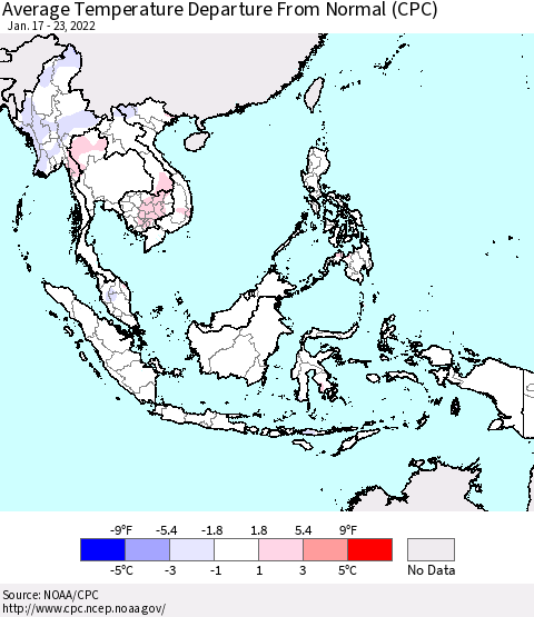 South East Asia Average Temperature Departure from Normal (CPC) Thematic Map For 1/17/2022 - 1/23/2022