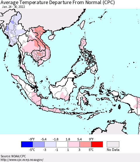 South East Asia Average Temperature Departure from Normal (CPC) Thematic Map For 1/24/2022 - 1/30/2022