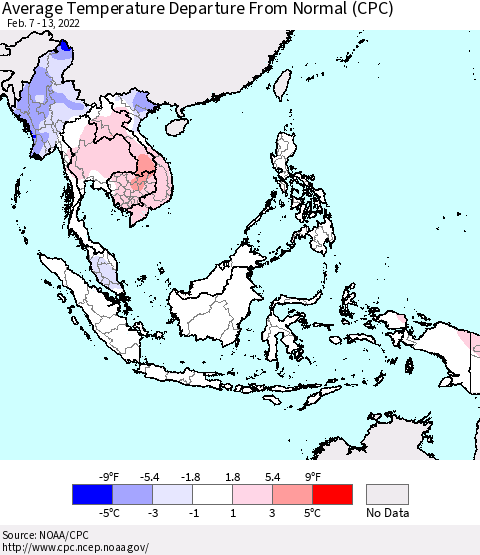South East Asia Average Temperature Departure from Normal (CPC) Thematic Map For 2/7/2022 - 2/13/2022
