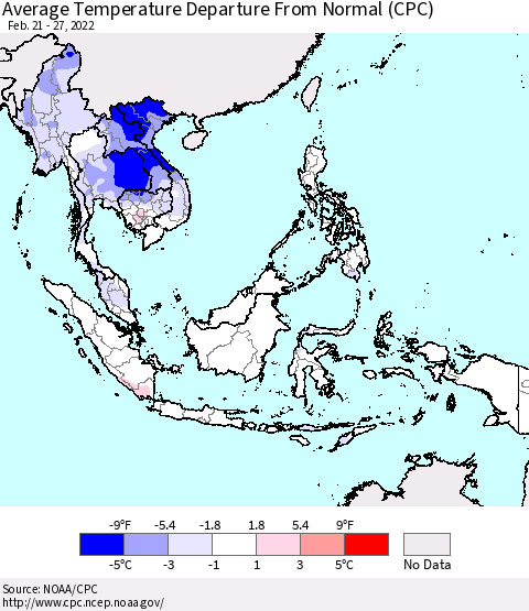 South East Asia Average Temperature Departure from Normal (CPC) Thematic Map For 2/21/2022 - 2/27/2022