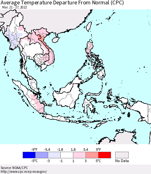 South East Asia Average Temperature Departure from Normal (CPC) Thematic Map For 3/21/2022 - 3/27/2022