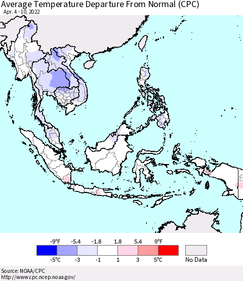 South East Asia Average Temperature Departure from Normal (CPC) Thematic Map For 4/4/2022 - 4/10/2022