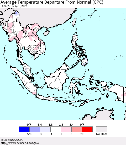 South East Asia Average Temperature Departure from Normal (CPC) Thematic Map For 4/25/2022 - 5/1/2022