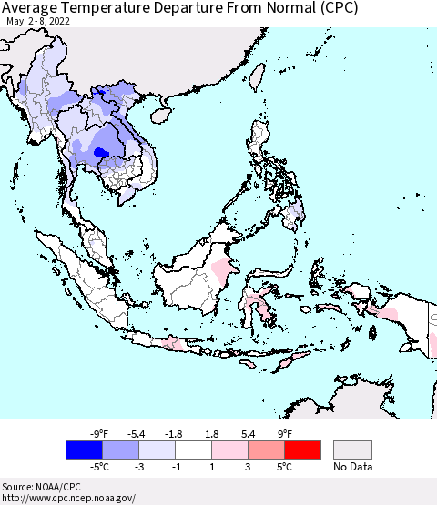 South East Asia Average Temperature Departure from Normal (CPC) Thematic Map For 5/2/2022 - 5/8/2022