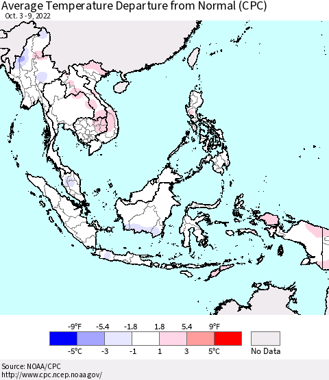 South East Asia Average Temperature Departure from Normal (CPC) Thematic Map For 10/3/2022 - 10/9/2022