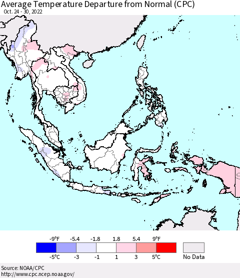 South East Asia Average Temperature Departure from Normal (CPC) Thematic Map For 10/24/2022 - 10/30/2022