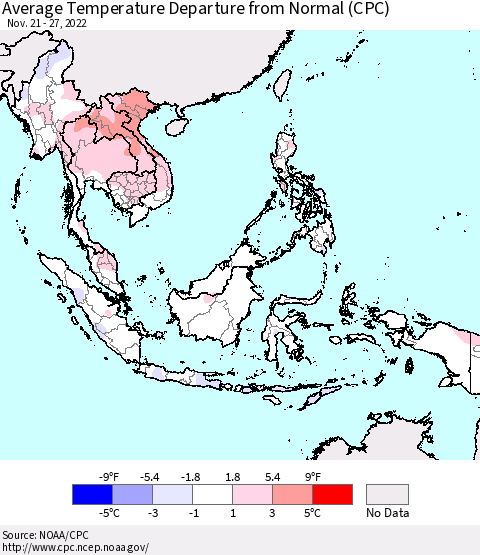 South East Asia Average Temperature Departure from Normal (CPC) Thematic Map For 11/21/2022 - 11/27/2022