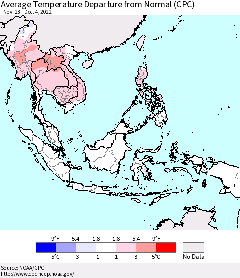 South East Asia Average Temperature Departure from Normal (CPC) Thematic Map For 11/28/2022 - 12/4/2022