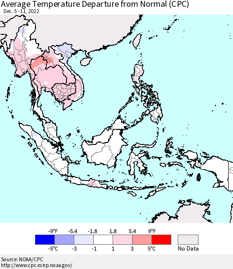 South East Asia Average Temperature Departure from Normal (CPC) Thematic Map For 12/5/2022 - 12/11/2022