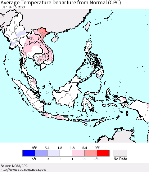 South East Asia Average Temperature Departure from Normal (CPC) Thematic Map For 1/9/2023 - 1/15/2023