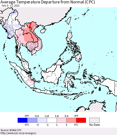 South East Asia Average Temperature Departure from Normal (CPC) Thematic Map For 2/6/2023 - 2/12/2023