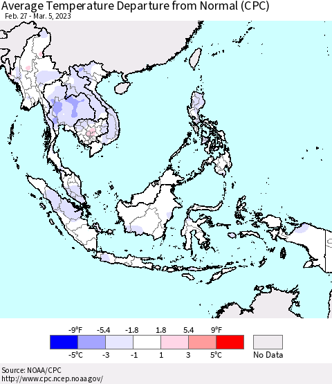 South East Asia Average Temperature Departure from Normal (CPC) Thematic Map For 2/27/2023 - 3/5/2023