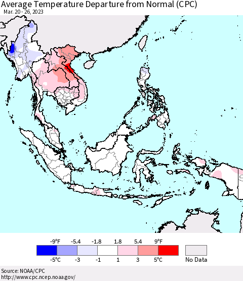 South East Asia Average Temperature Departure from Normal (CPC) Thematic Map For 3/20/2023 - 3/26/2023