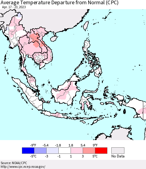 South East Asia Average Temperature Departure from Normal (CPC) Thematic Map For 4/17/2023 - 4/23/2023