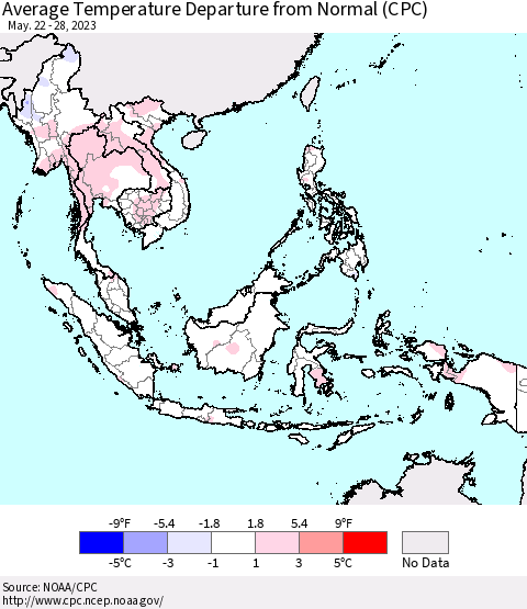 South East Asia Average Temperature Departure from Normal (CPC) Thematic Map For 5/22/2023 - 5/28/2023