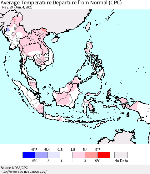 South East Asia Average Temperature Departure from Normal (CPC) Thematic Map For 5/29/2023 - 6/4/2023