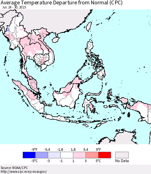 South East Asia Average Temperature Departure from Normal (CPC) Thematic Map For 7/24/2023 - 7/30/2023