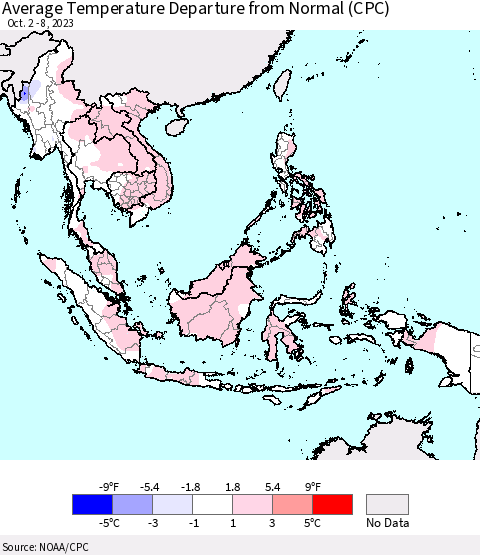 South East Asia Average Temperature Departure from Normal (CPC) Thematic Map For 10/2/2023 - 10/8/2023