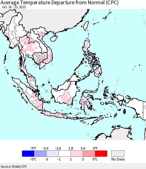 South East Asia Average Temperature Departure from Normal (CPC) Thematic Map For 10/16/2023 - 10/22/2023