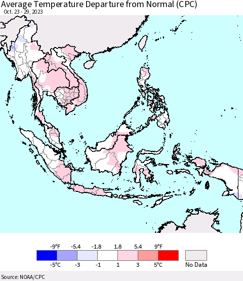 South East Asia Average Temperature Departure from Normal (CPC) Thematic Map For 10/23/2023 - 10/29/2023