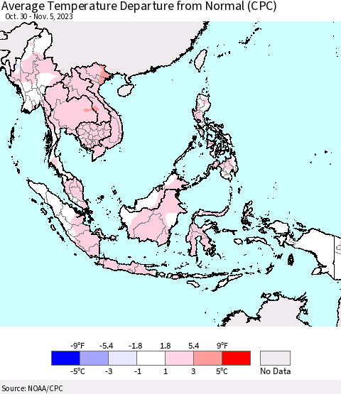 South East Asia Average Temperature Departure from Normal (CPC) Thematic Map For 10/30/2023 - 11/5/2023