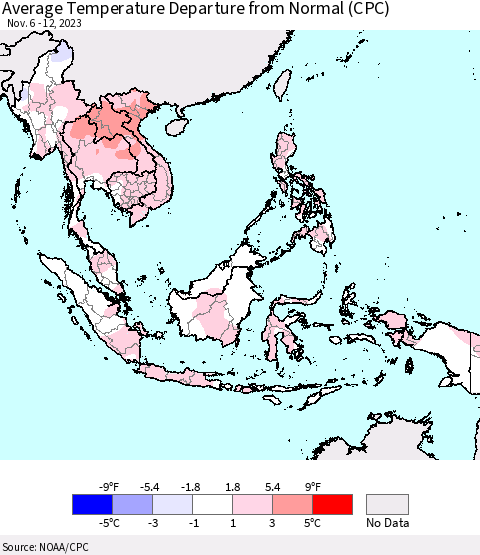 South East Asia Average Temperature Departure from Normal (CPC) Thematic Map For 11/6/2023 - 11/12/2023