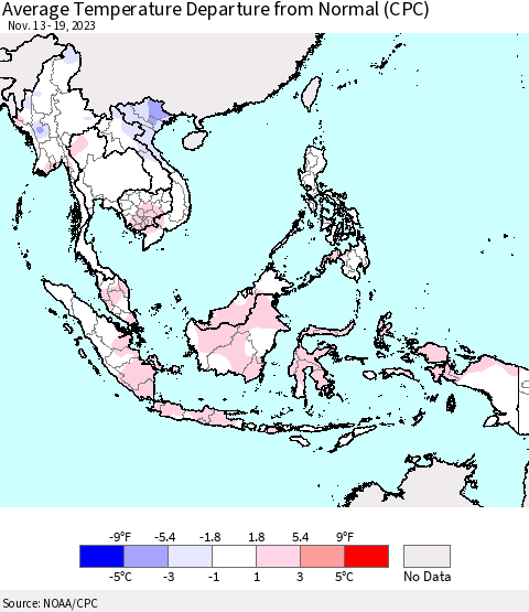 South East Asia Average Temperature Departure from Normal (CPC) Thematic Map For 11/13/2023 - 11/19/2023