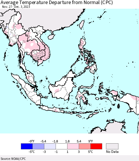 South East Asia Average Temperature Departure from Normal (CPC) Thematic Map For 11/27/2023 - 12/3/2023