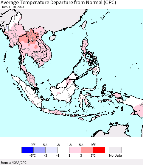 South East Asia Average Temperature Departure from Normal (CPC) Thematic Map For 12/4/2023 - 12/10/2023