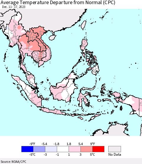 South East Asia Average Temperature Departure from Normal (CPC) Thematic Map For 12/11/2023 - 12/17/2023