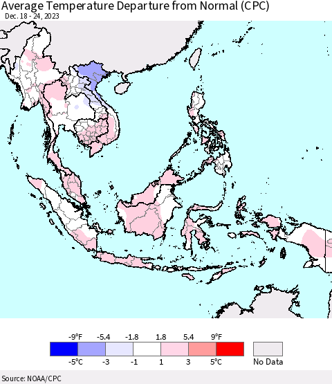 South East Asia Average Temperature Departure from Normal (CPC) Thematic Map For 12/18/2023 - 12/24/2023