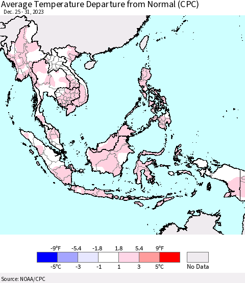 South East Asia Average Temperature Departure from Normal (CPC) Thematic Map For 12/25/2023 - 12/31/2023