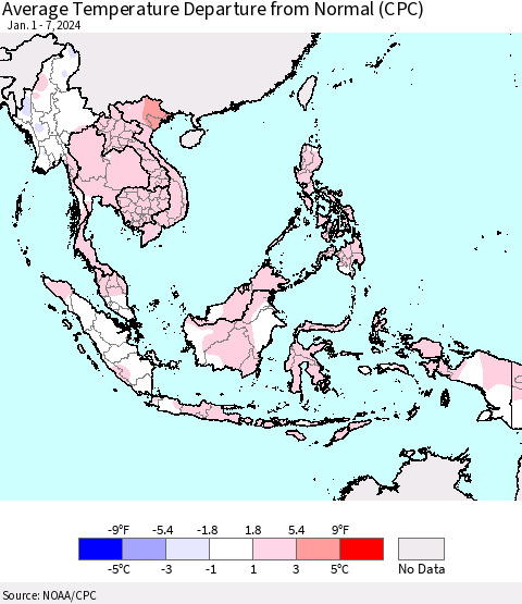 South East Asia Average Temperature Departure from Normal (CPC) Thematic Map For 1/1/2024 - 1/7/2024