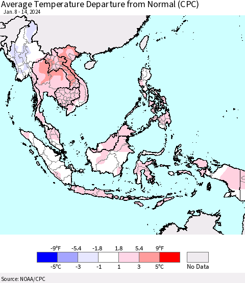 South East Asia Average Temperature Departure from Normal (CPC) Thematic Map For 1/8/2024 - 1/14/2024