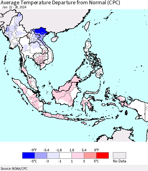 South East Asia Average Temperature Departure from Normal (CPC) Thematic Map For 1/22/2024 - 1/28/2024