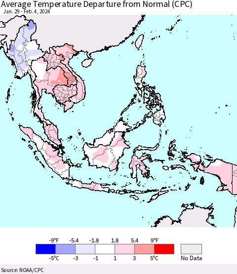 South East Asia Average Temperature Departure from Normal (CPC) Thematic Map For 1/29/2024 - 2/4/2024