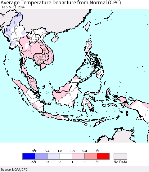 South East Asia Average Temperature Departure from Normal (CPC) Thematic Map For 2/5/2024 - 2/11/2024