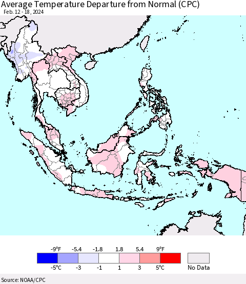 South East Asia Average Temperature Departure from Normal (CPC) Thematic Map For 2/12/2024 - 2/18/2024