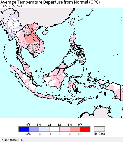 South East Asia Average Temperature Departure from Normal (CPC) Thematic Map For 2/19/2024 - 2/25/2024
