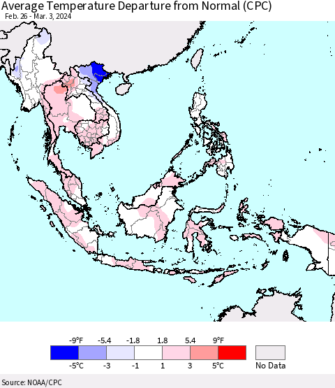 South East Asia Average Temperature Departure from Normal (CPC) Thematic Map For 2/26/2024 - 3/3/2024